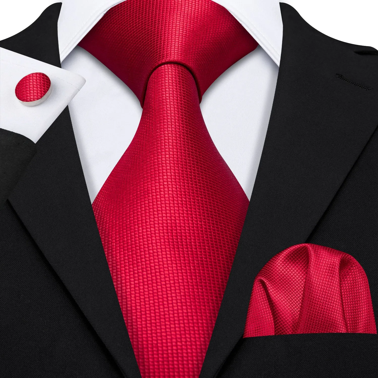 Hi-Tie Solid Red Necktie Pocket Square Cufflinks Set for Men