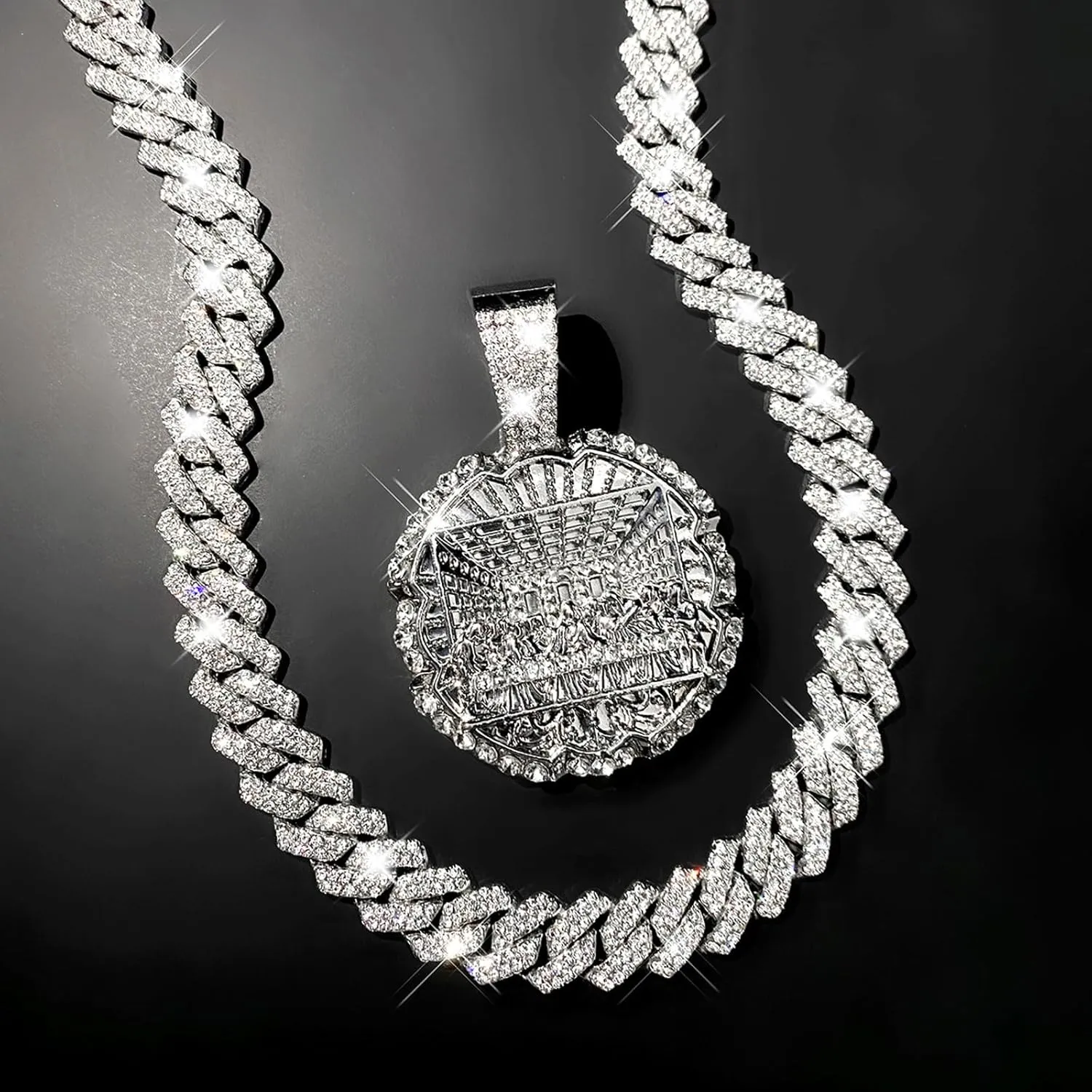 Hip-hop Cuban Chain, Rhinestone Pendant Necklace Jewelry For Men??Men's Fashion Jewelry??Women's Jewelry