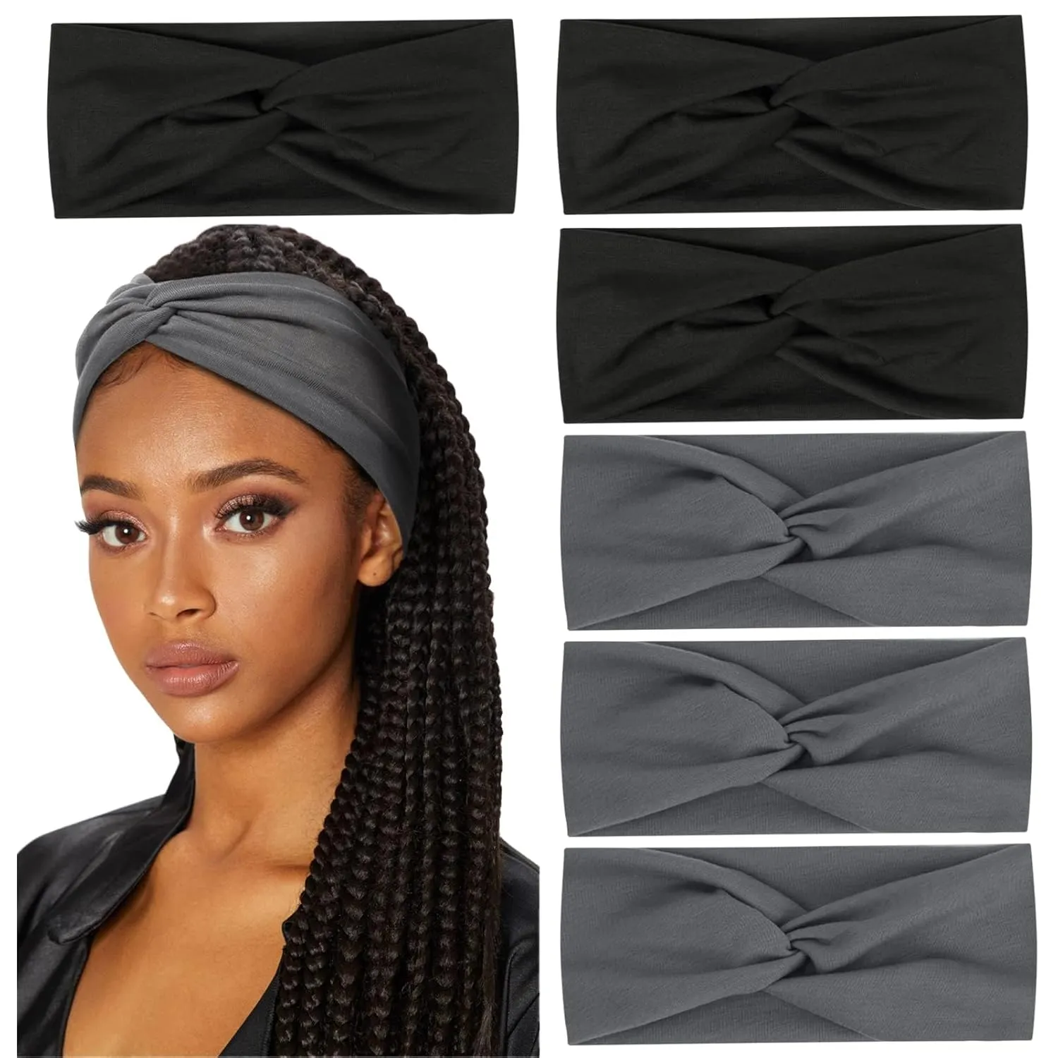 Huachi Wide Headbands for Women's Hair Fashion Turban Elastic Head Bands Non Slip Twisted Headwraps Workout Hair Accessories, Black&Grey
