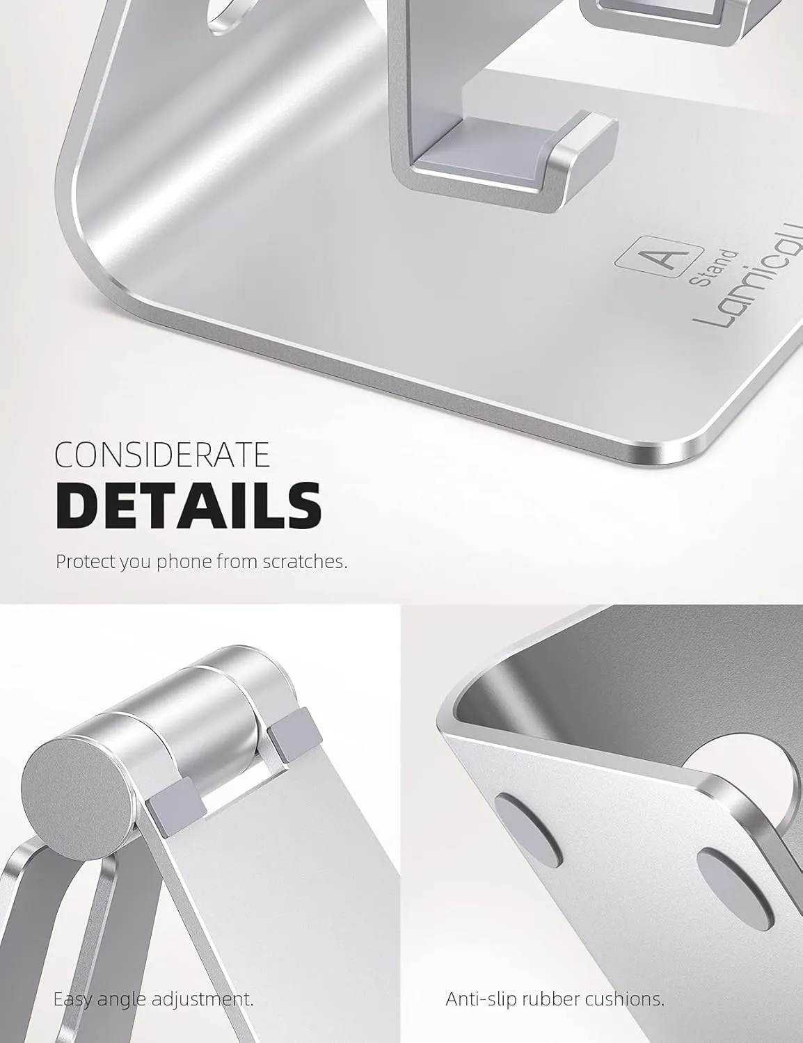 Lamicall Adjustable Cell Phone Stand, Desk Phone Holder, Cradle, Dock, for iPhone 16 15 14 13 12 Mini 11 Pro Xs Max XR X 8 7 6 Plus SE, Office Accessories,Smartphone - Silver