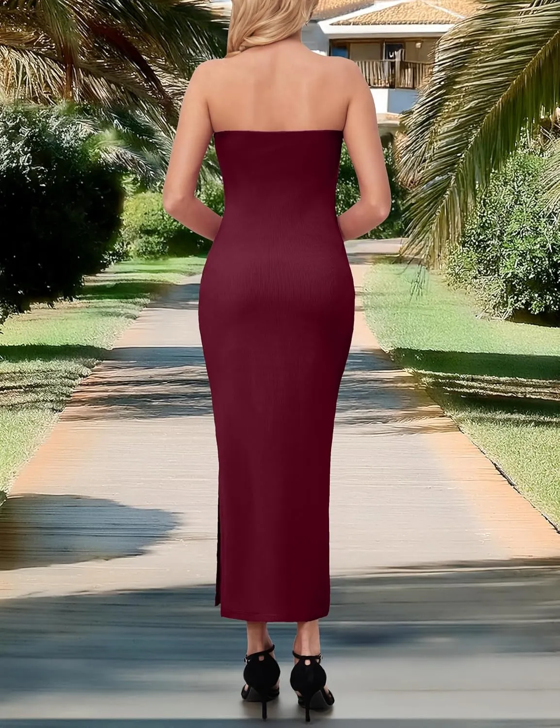 MANER Women's Strapless Bodycon Maxi Tube Dress Ribbed Elegant Casual Long Party Dresses