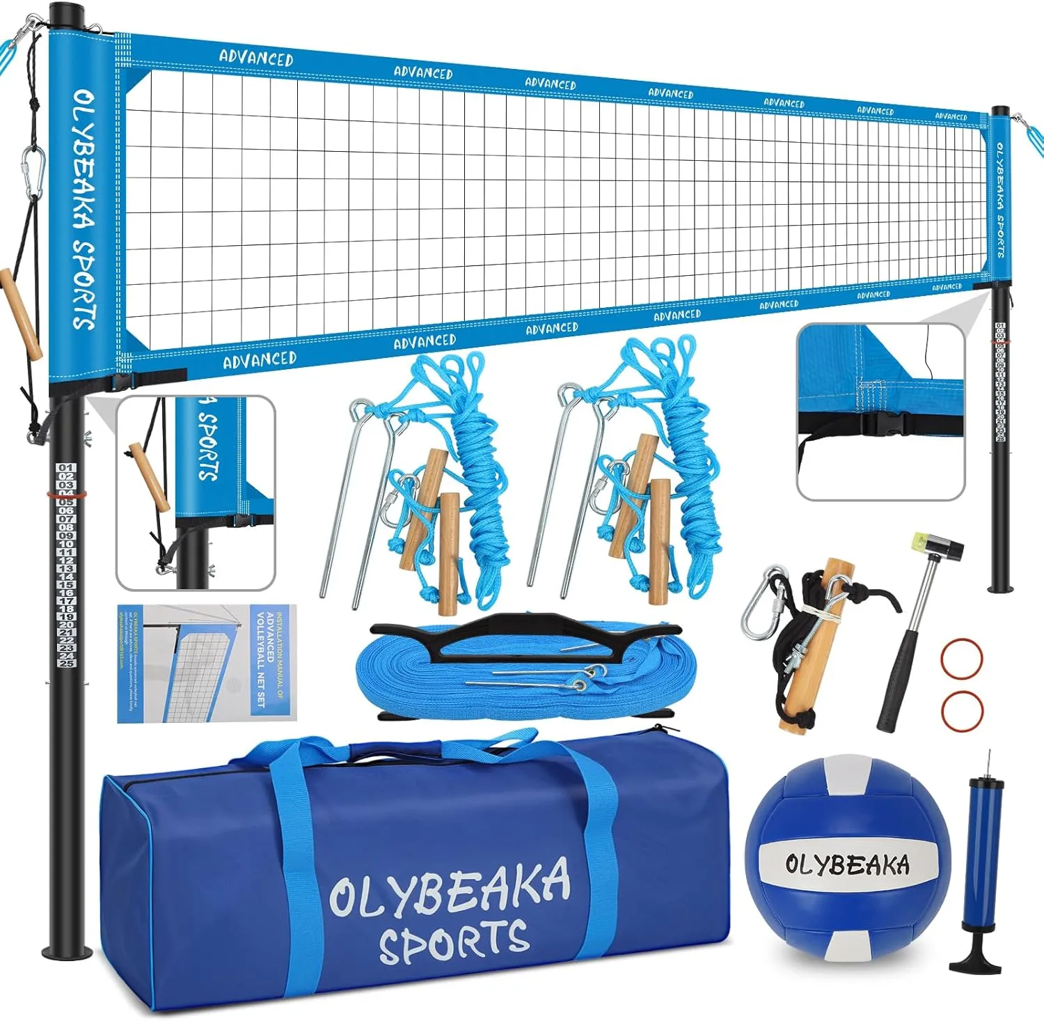 Outdoor Professional Volleyball Net Set for Backyard Beach with Heavy Duty Adjustable Aluminum Poles, Upgraded Anti-sag Net, PU Volleyball and Pump, Boundary Line, Large Carry Bag