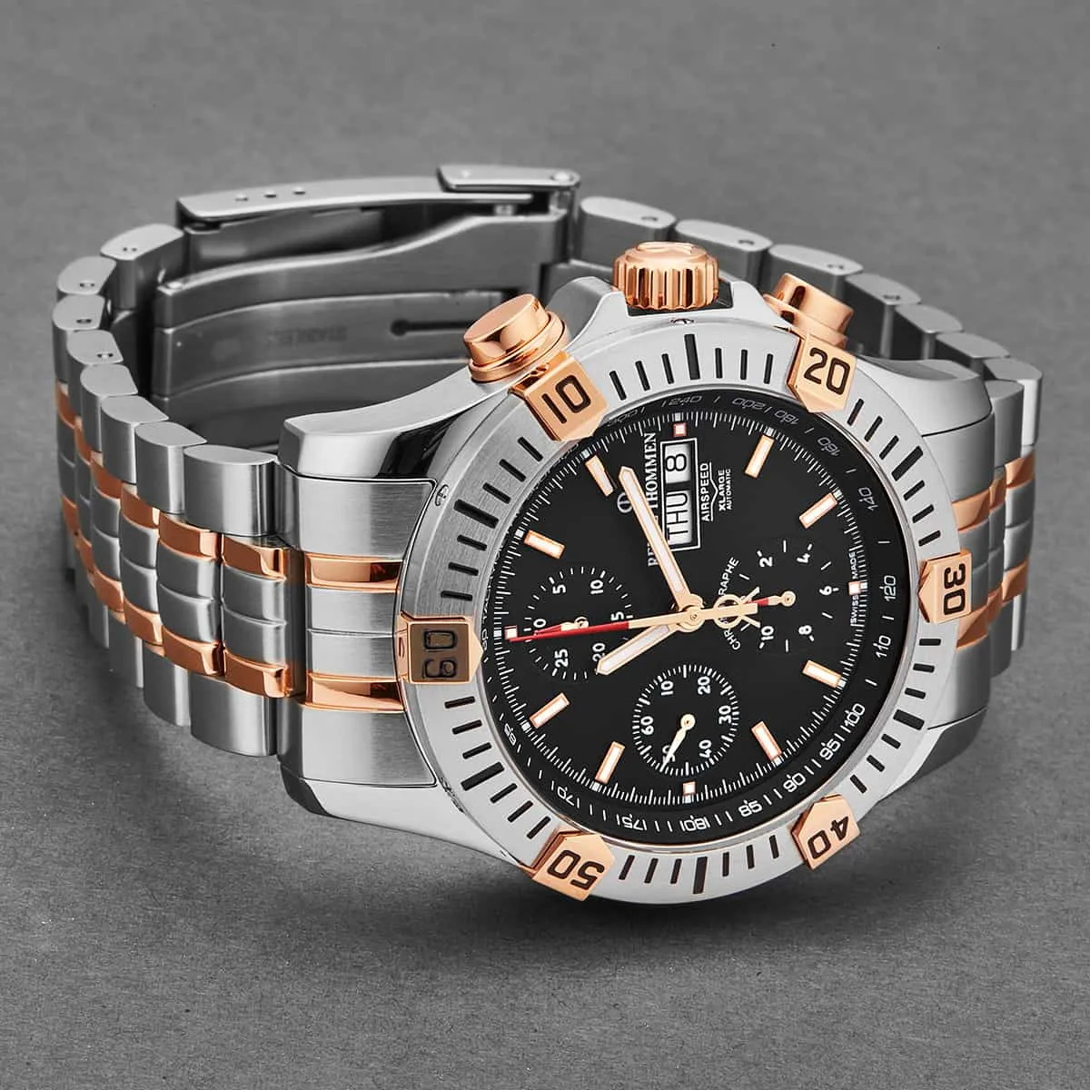 Revue Thommen Men's 16071.6159 'Air speed' Black Dial Chronograph Day-Date Two-Tone Swiss Automatic Watch