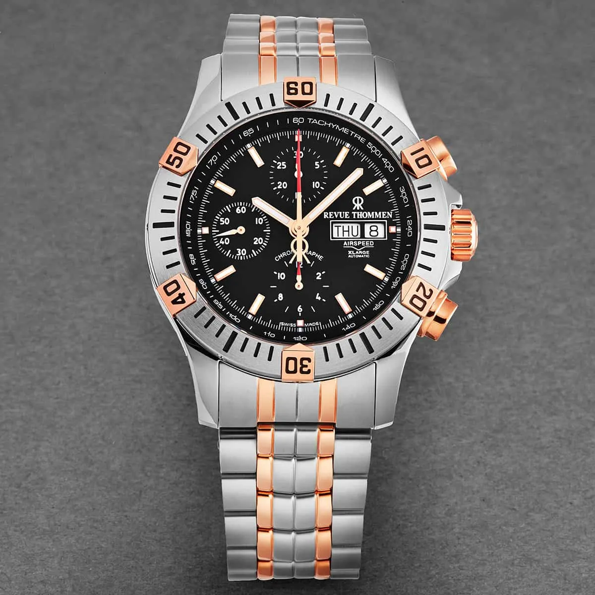Revue Thommen Men's 16071.6159 'Air speed' Black Dial Chronograph Day-Date Two-Tone Swiss Automatic Watch
