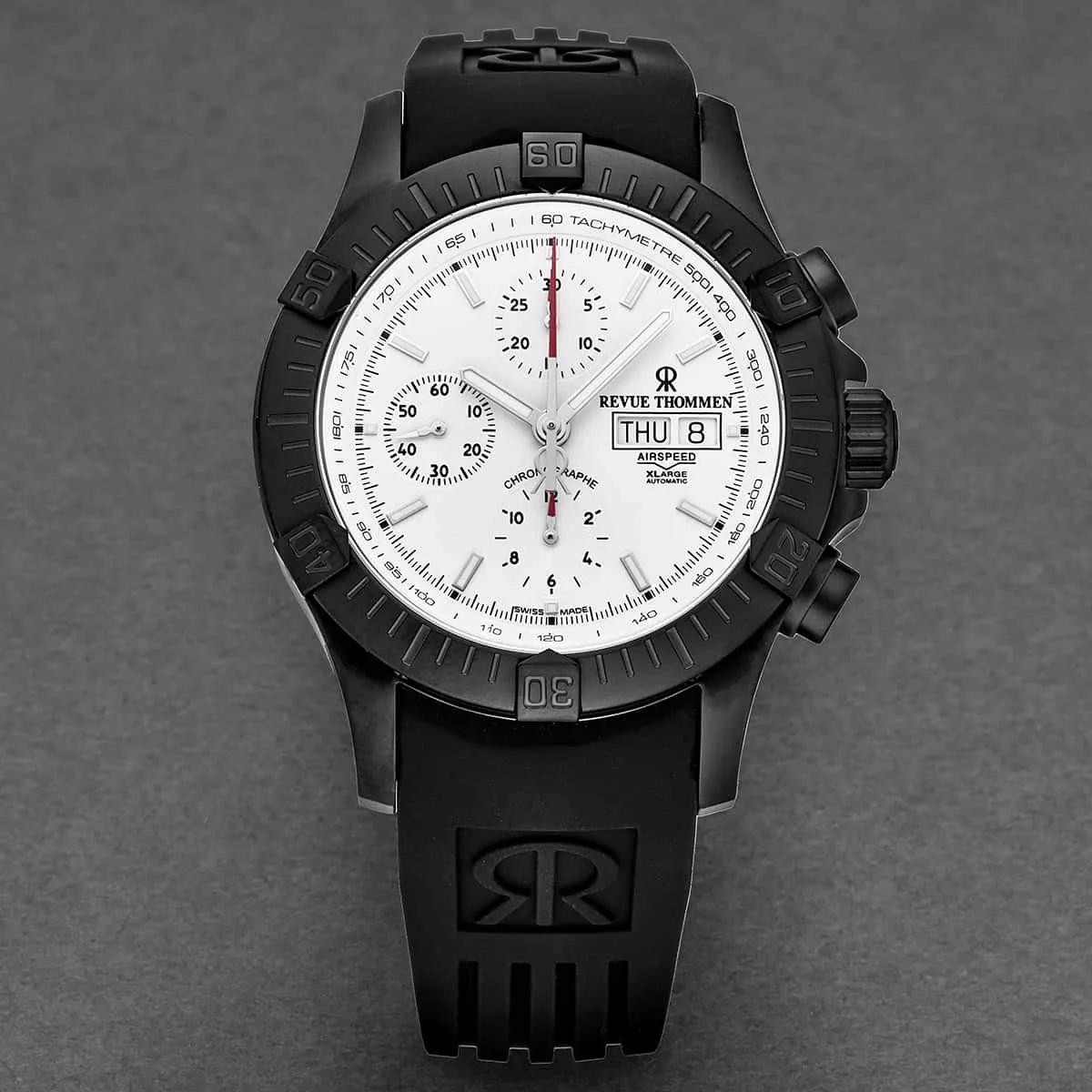 Revue Thommen Men's 16071.6878 'Airspeed' Silver Dial Day-Date Rubber Strap Chronograph Automatic Watch