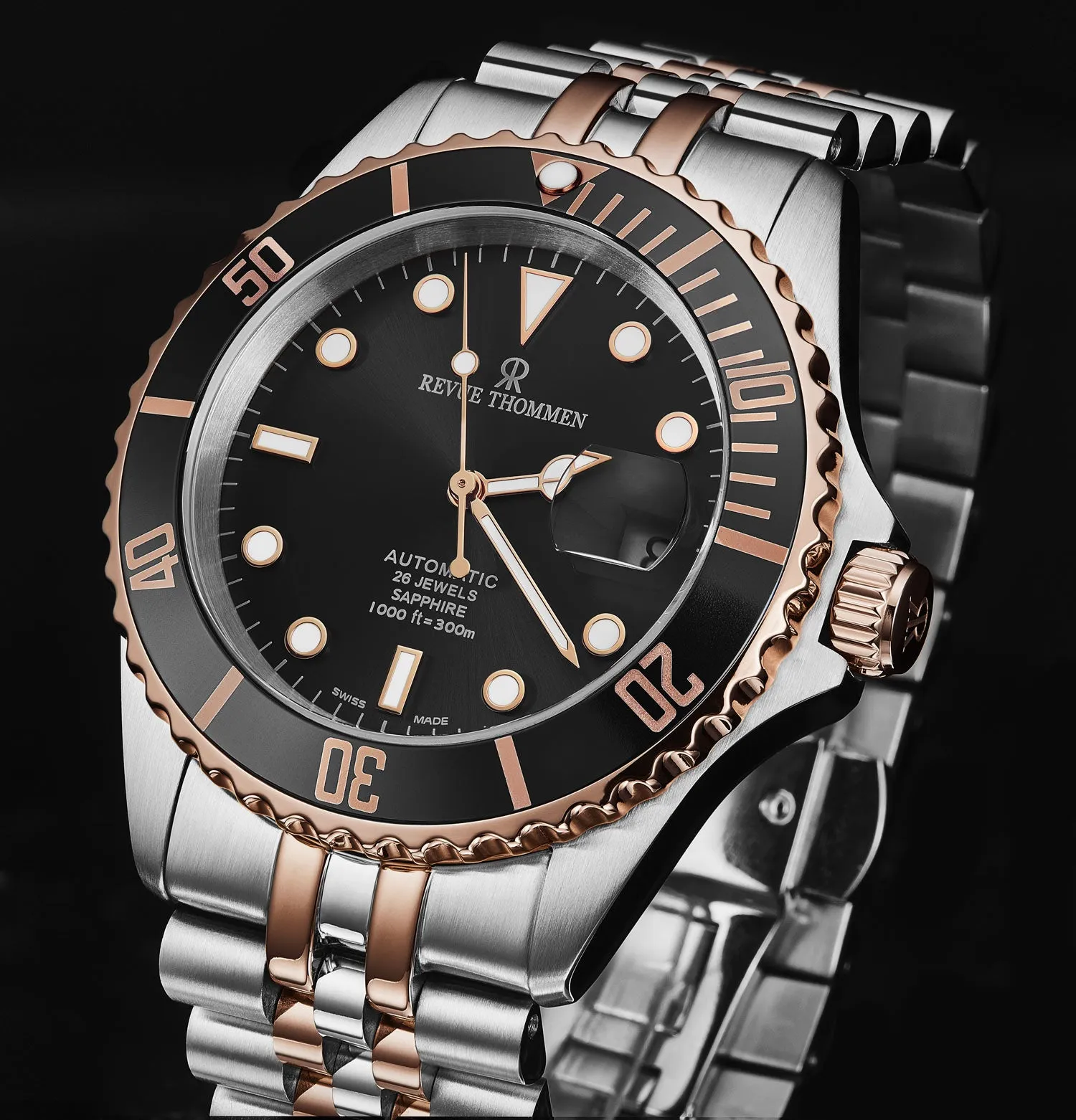Revue Thommen Men's 'Diver' Black Dial Two Tone Stainless Steel Bracelet Automatic Watch 17571.2257