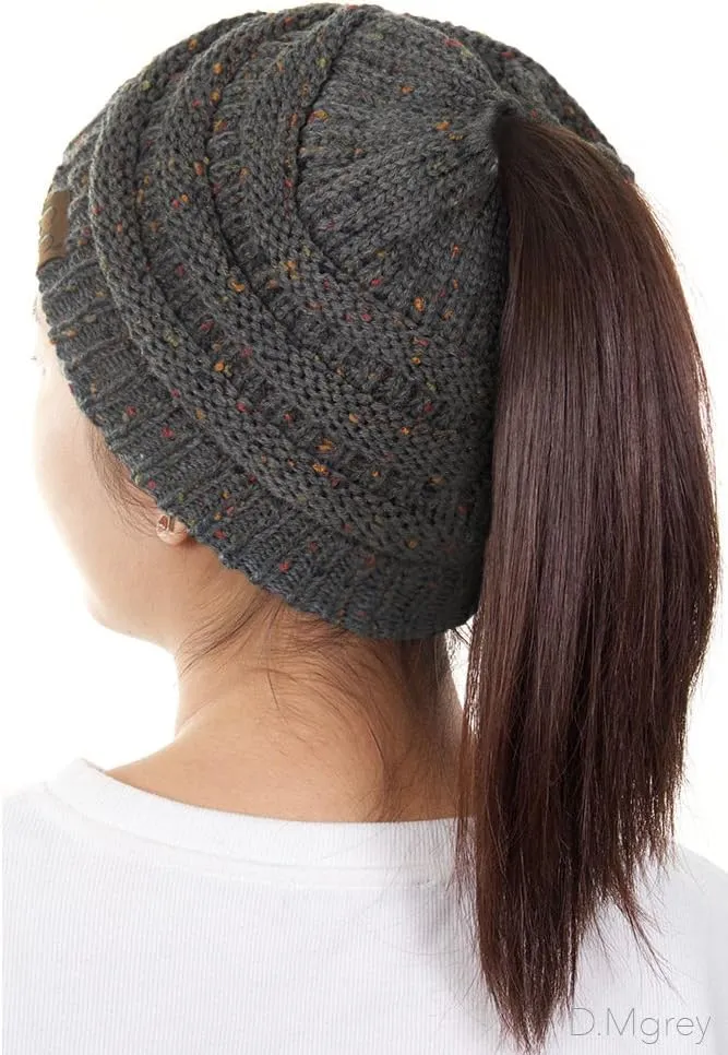ScarvesMe Women Confetti BeanieTail Ponytail Messy Bun Solid Ribbed Beanie Hat Cap