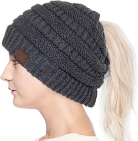 ScarvesMe Women Confetti BeanieTail Ponytail Messy Bun Solid Ribbed Beanie Hat Cap