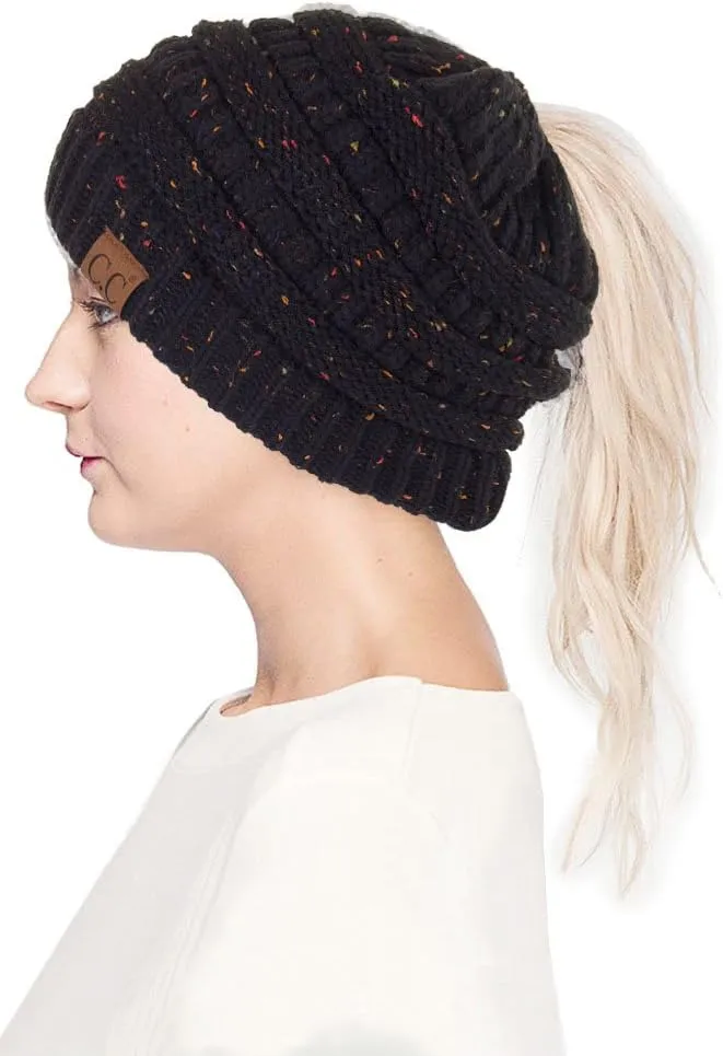 ScarvesMe Women Confetti BeanieTail Ponytail Messy Bun Solid Ribbed Beanie Hat Cap