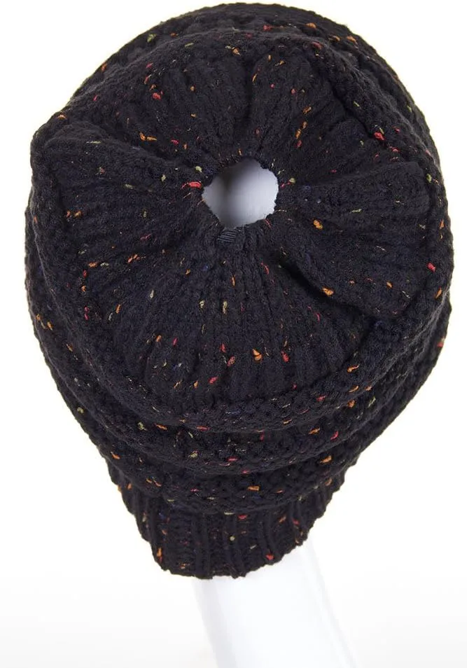 ScarvesMe Women Confetti BeanieTail Ponytail Messy Bun Solid Ribbed Beanie Hat Cap