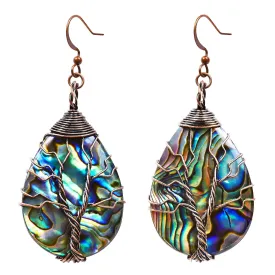 Sea Abalone Shell Handmade Earrings Tree of Life Wrapped Dangle Earrings Teardrop Earrings Vintage Celtic Earrings for Women Fashion Trendy