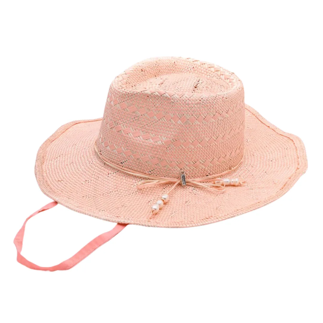SUN-KISSED, Handwoven Entwined Fine Paper and Ramie Hat with Six Genuine Freshwater Pearls - BLUSH