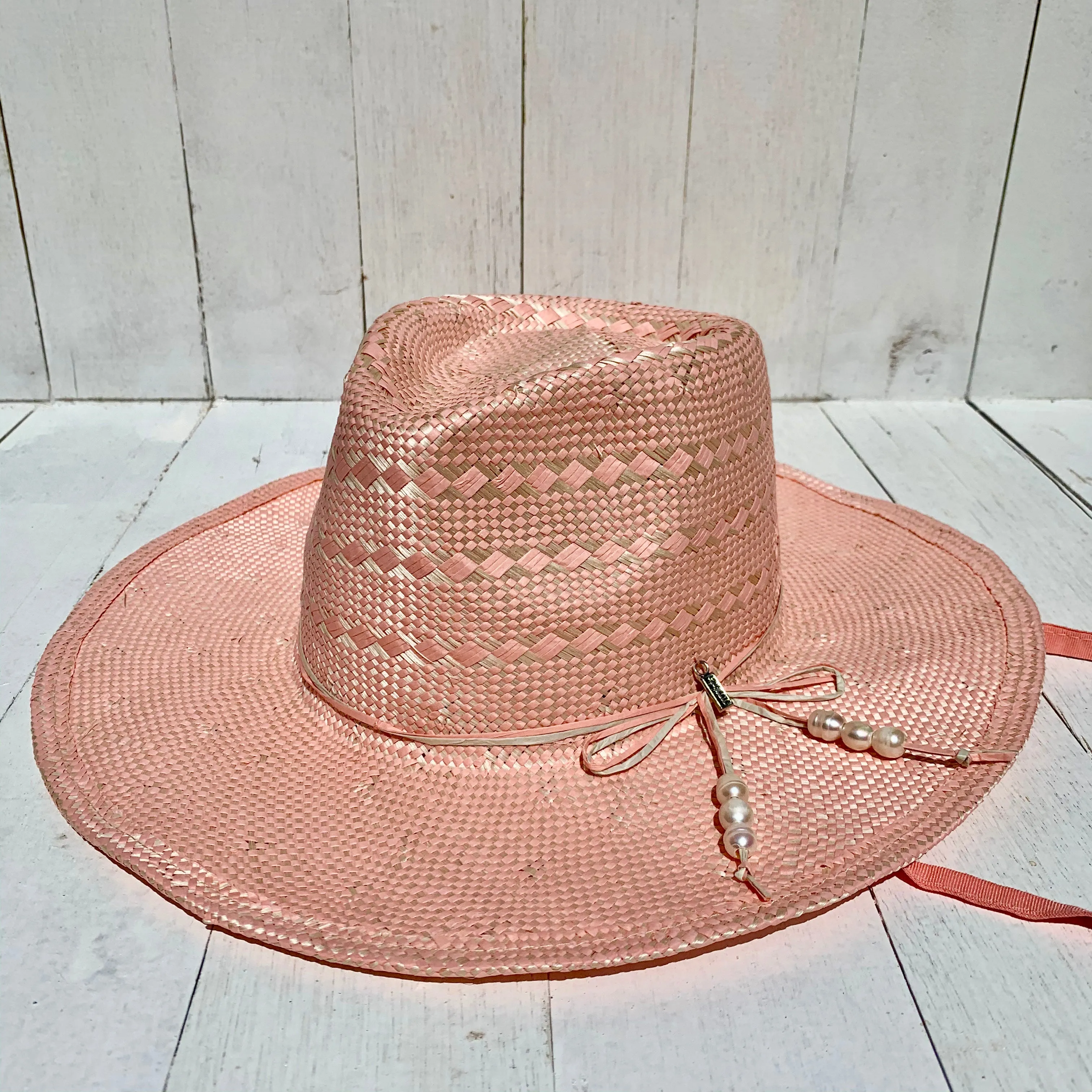 SUN-KISSED, Handwoven Entwined Fine Paper and Ramie Hat with Six Genuine Freshwater Pearls - BLUSH