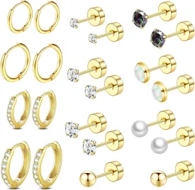 Surgical Steel Flat Back Earrings Set for Multiple Piercing Sensitive Ears,Sterling Silver Hypoallergenic Small Cartilage Huggie Hoop Earrings Titanium Tiny CZ Pearl Opal Stud Earrings for Women