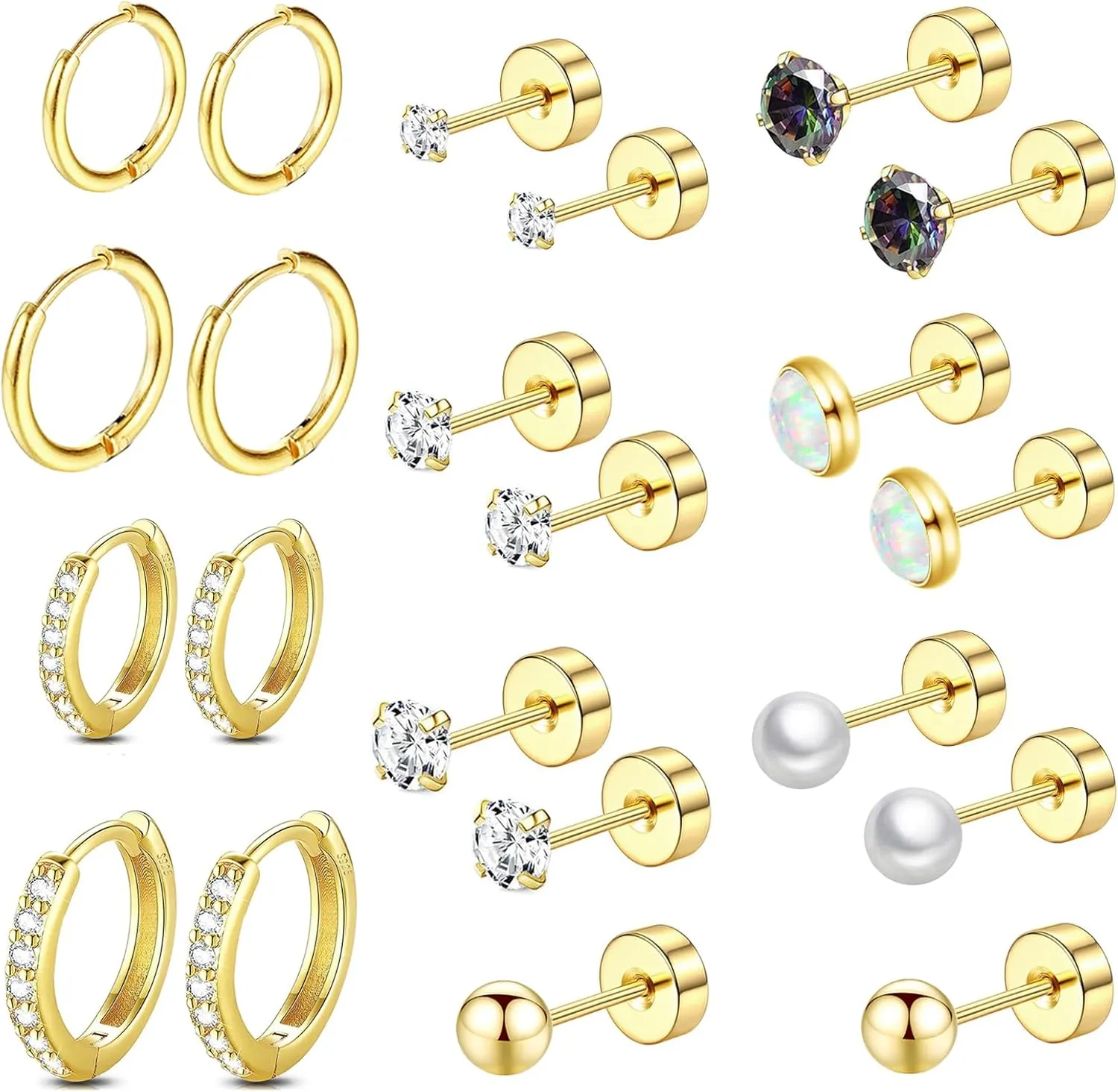 Surgical Steel Flat Back Earrings Set for Multiple Piercing Sensitive Ears,Sterling Silver Hypoallergenic Small Cartilage Huggie Hoop Earrings Titanium Tiny CZ Pearl Opal Stud Earrings for Women