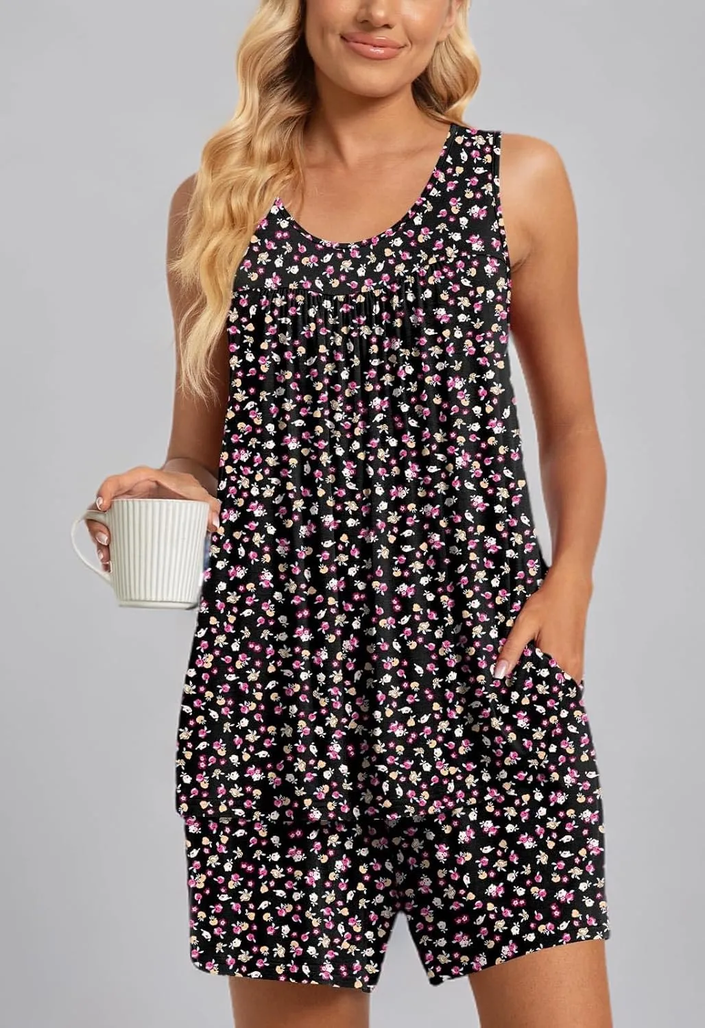 TAOHUADAO 2 Piece Women's Sleeveless Pajama Sets, Lounge Sleepwear Ladies Pjs Sets with Pockets
