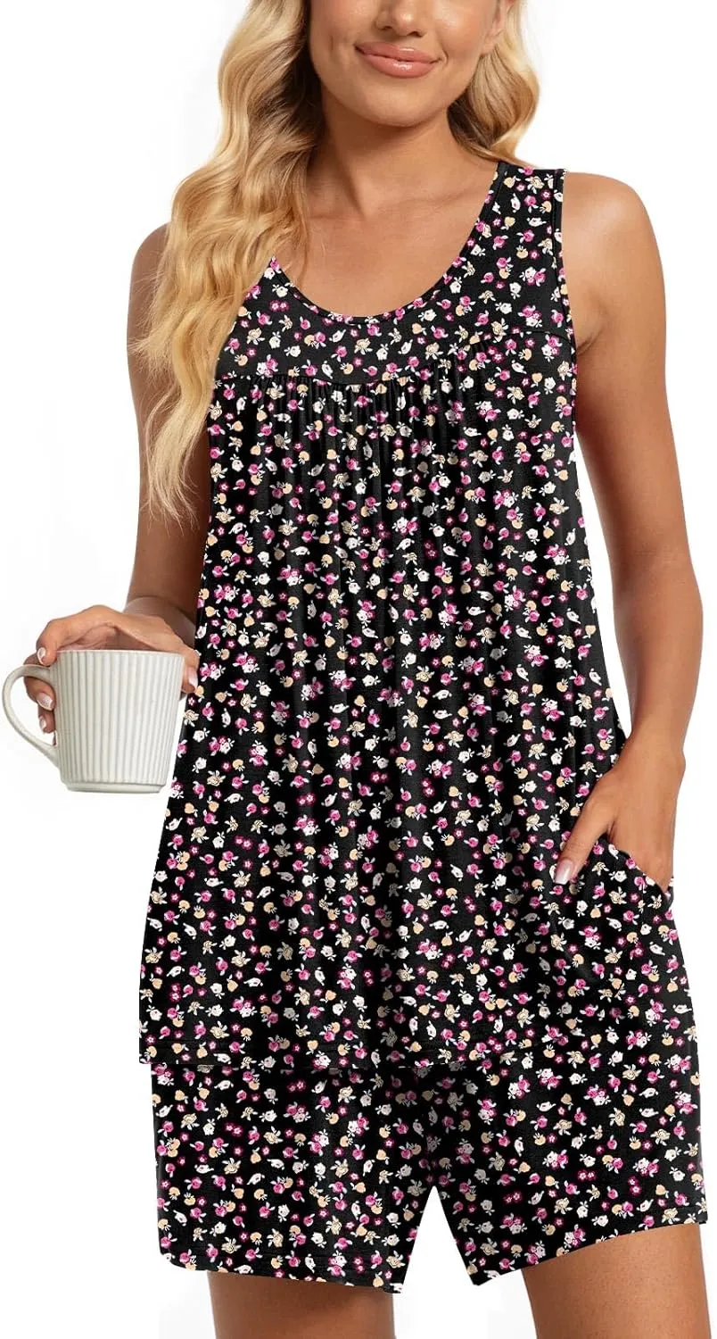 TAOHUADAO 2 Piece Women's Sleeveless Pajama Sets, Lounge Sleepwear Ladies Pjs Sets with Pockets