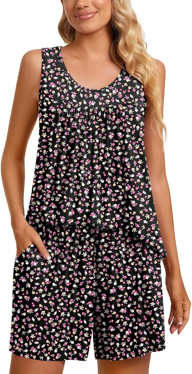 TAOHUADAO 2 Piece Women's Sleeveless Pajama Sets, Lounge Sleepwear Ladies Pjs Sets with Pockets