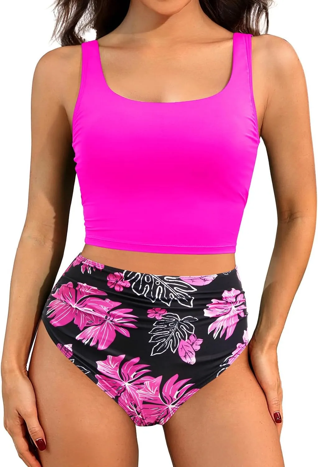 Tempt Me Women Two Piece Tankini Swimsuits - Crop Swim Top with High Waisted Bottom Tummy Control Bathing Suits Swimwear