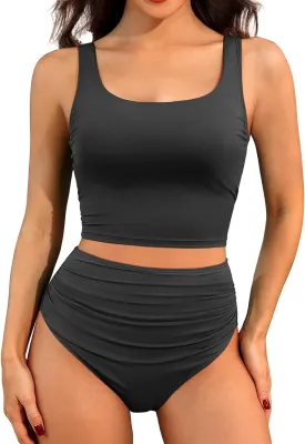 Tempt Me Women Two Piece Tankini Swimsuits - Crop Swim Top with High Waisted Bottom Tummy Control Bathing Suits Swimwear