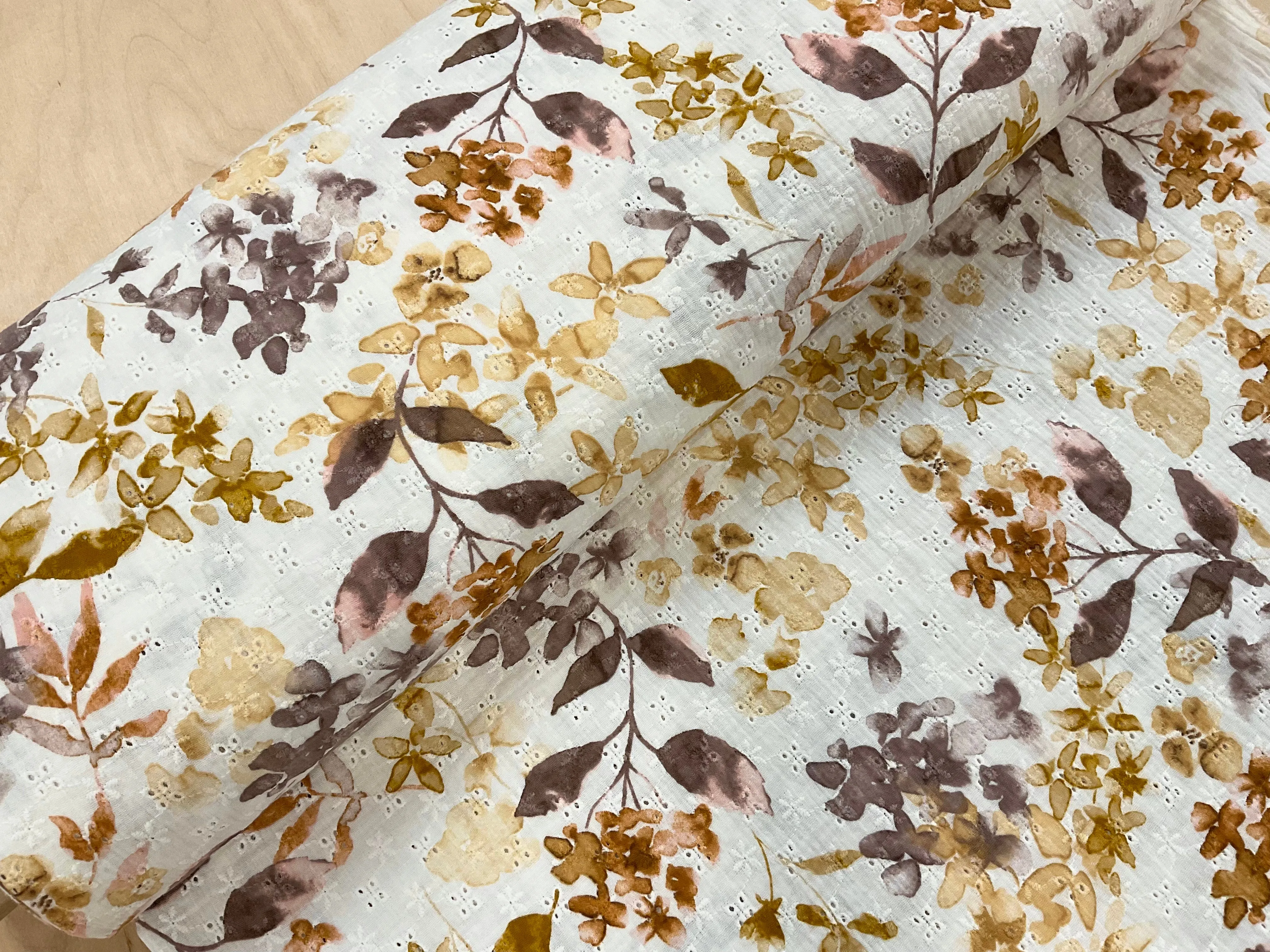 Watercolour Floral Cotton Broderie Anglaise Double Gauze - Various Colours