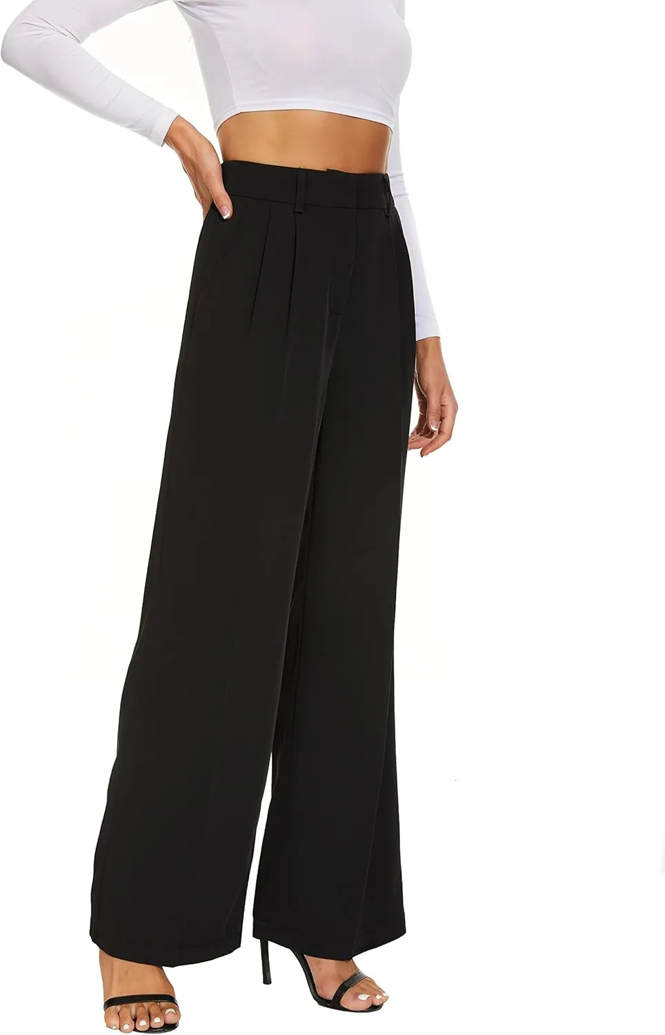 Women Wide Leg High Waist Wide Leg Pants Loose Fit Back Elastic Waist Pleated Front Trousers for Work Casual